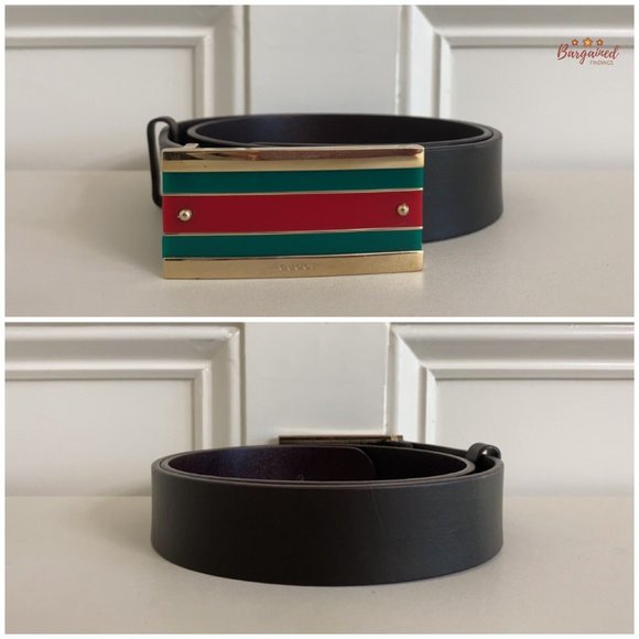 Authentic Gucci Brown Leather Gold-Edged Iconic Red/Green Web Buckle Belt 85/34 - Picture 4 of 13